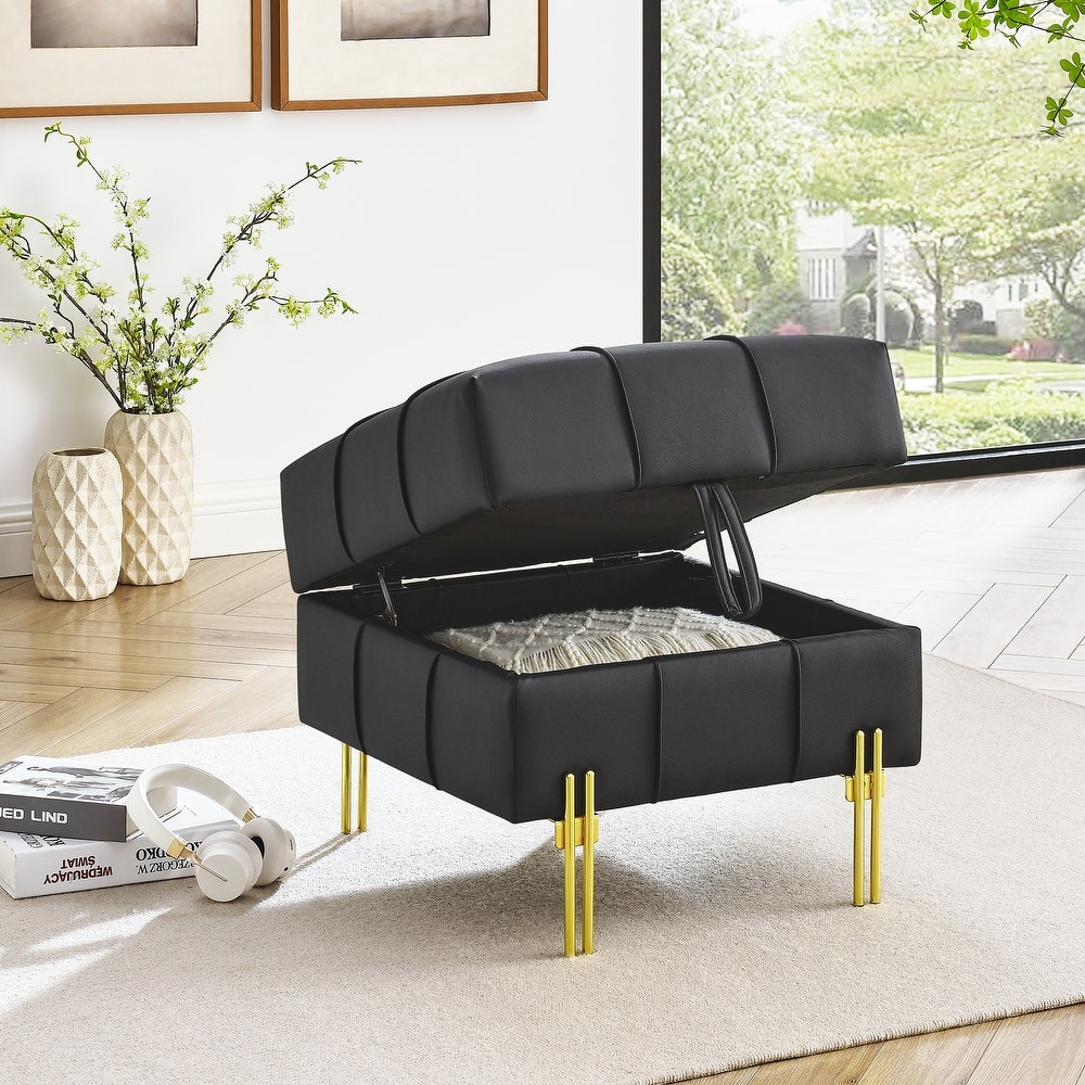 Square Leather Storage Ottoman, Tufted Upholstered Footstool with Flip Top, Entryway Bench with Stainless Steel Legs