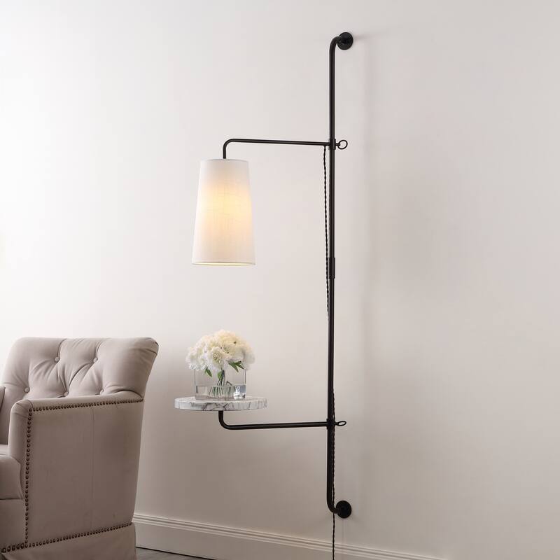 Adrian 11.5" 1-Light Contemporary Industrial Iron Plug-In with Adjustable Marble Table LED Sconce, Black/White by JONATHAN Y