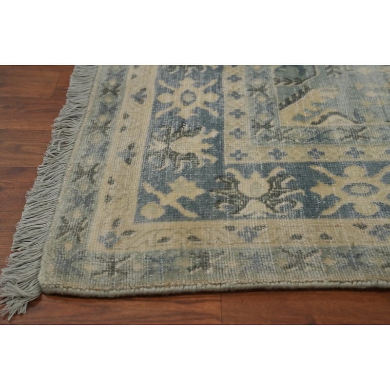 Hand-knotted Transitional Silk Carpet Blue Oushak Rug Geometric Oriental Area Rug - 9' 10'' X 6' 6''