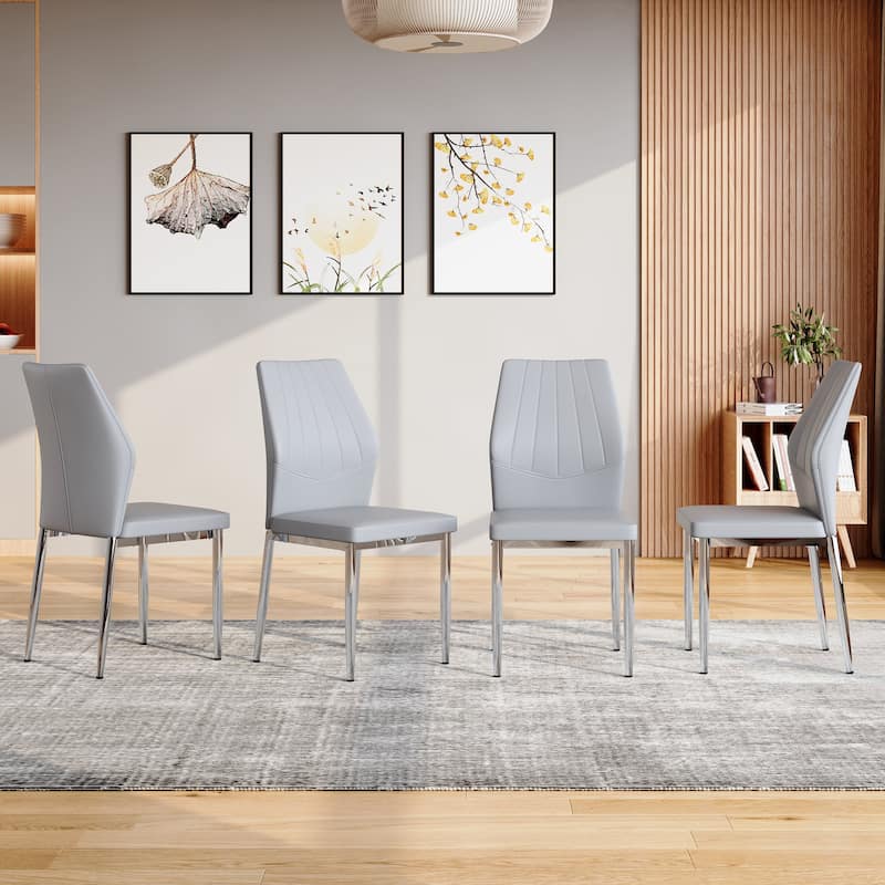 Faux Leather Dining Chairs Set, Modern Kitchen & Dining Room Chairs, Upholstered Faux Leather Side Chairs with Metal Legs - Light Gray Silver - Set of 4