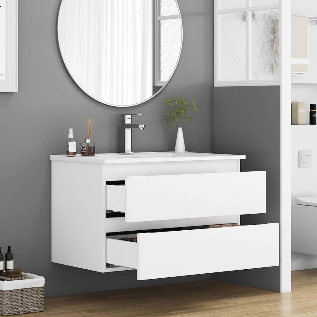32 Inch Floating Bathroom Vanity with One-piece Ceramic Sink, Wall Mounted Cabinet with 2 Drawers