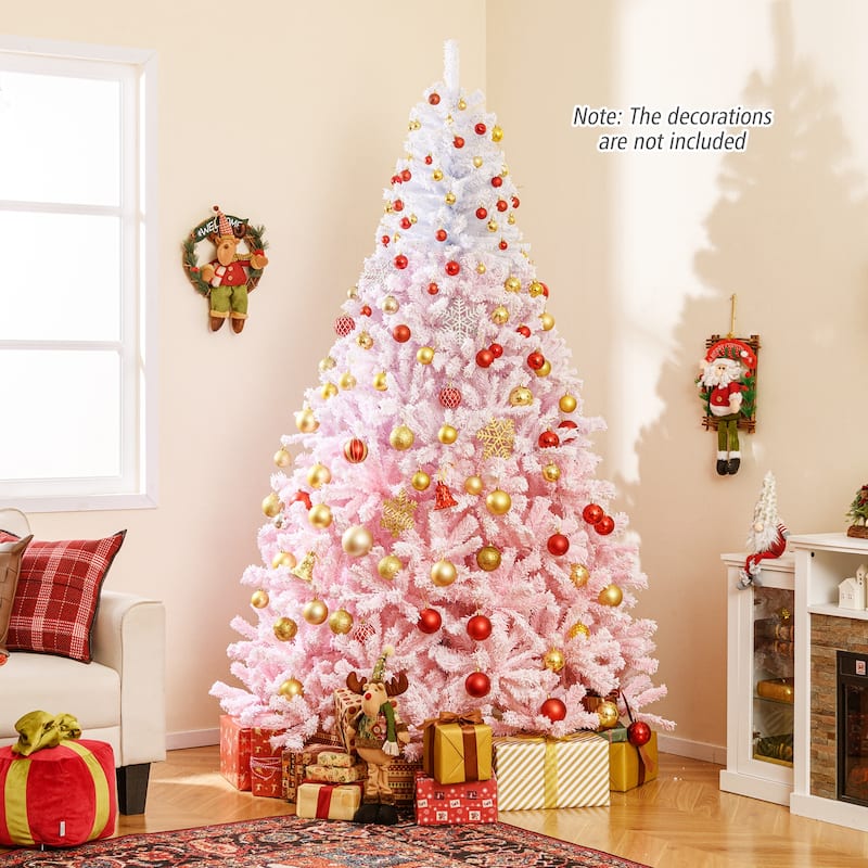 Gymax Artificial Christmas Tree Hinged Snow Flocked Xmas Tree w/ Lush - Pink, White