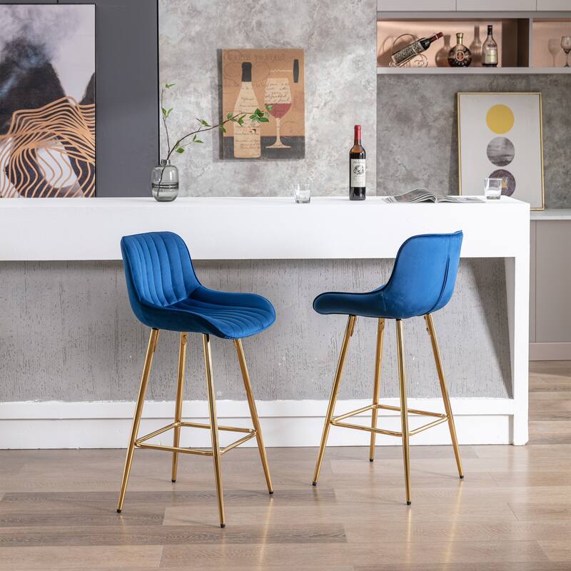 2 Bar Stools with Chrome Footrest Velvet Fabric Counter Stool Golden Leg Simple Bar Stool - N/A