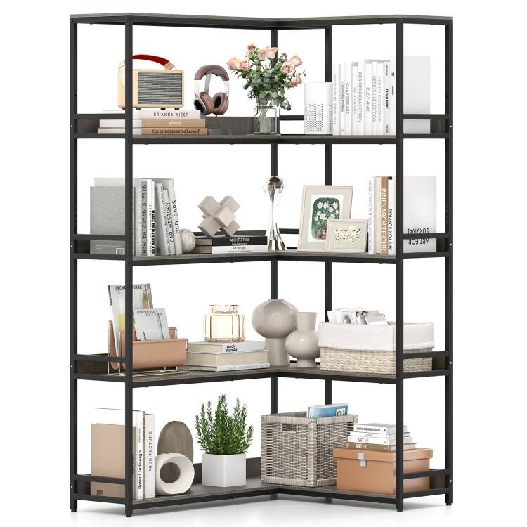 Metal and Wood L-Shaped Bookshelf 5-Tier Corner Shelf with Anti-Tip Kits - 43.5" L x 35" W x 71" H