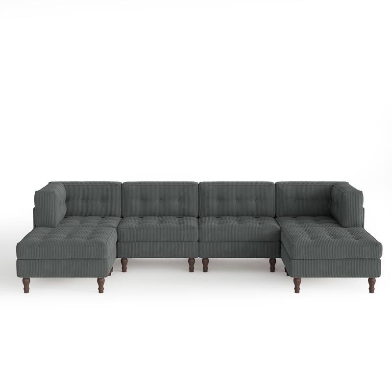 130"W Corduroy Upholstered Modular Sectional Sofa with Storage Ottoman