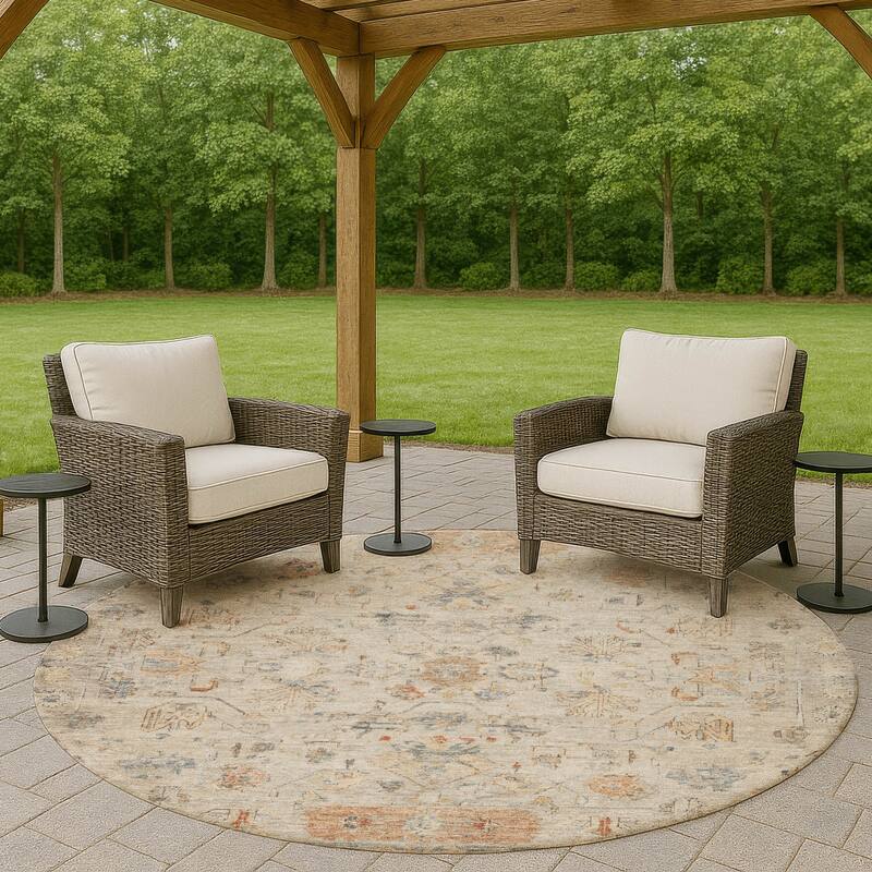 Machine Washable Indoor/ Outdoor Traditional Border Chantille Rug - Beige - 8' x 8'