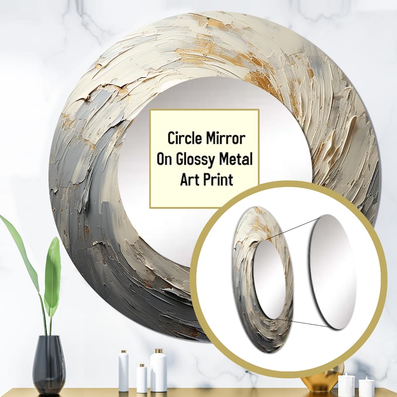 Designart "Grey And Gold Mystical Spirals" abstract spirals Round Bathroom Mirror - grey Modern Round Wall Décor
