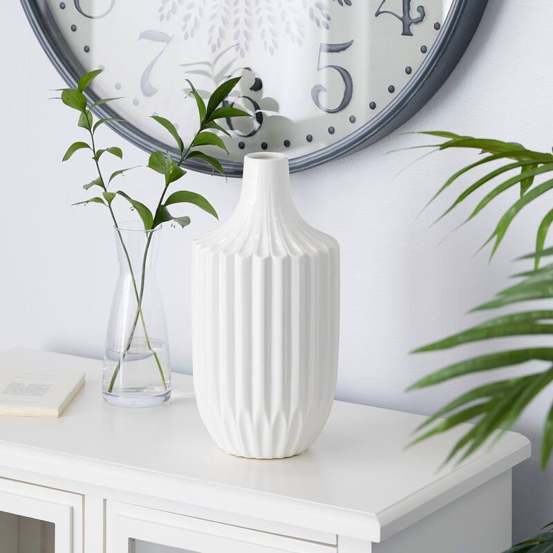 White Ceramic Fluted Decorative Vase - White