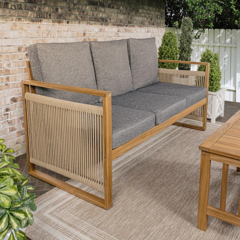 Saranac 3-Seat Mid-Century Modern Roped Acacia Wood Outdoor Sofa with Cushions, by JONATHAN Y