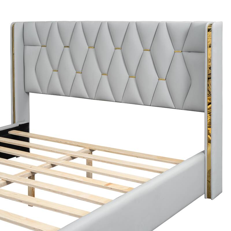 Modern Upholstered Platform Bed with Metal Strips