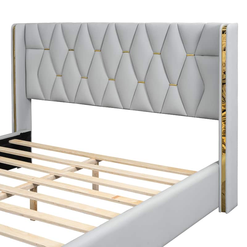PU Upholstered Bed with Metal Strips