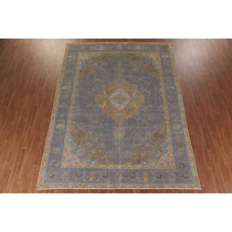 Hand Knotted Oriental 100% Wool Carpet Traditional Floral Greys & Charcoal Tabriz Area Rug - 12' 8'' X 9' 3''