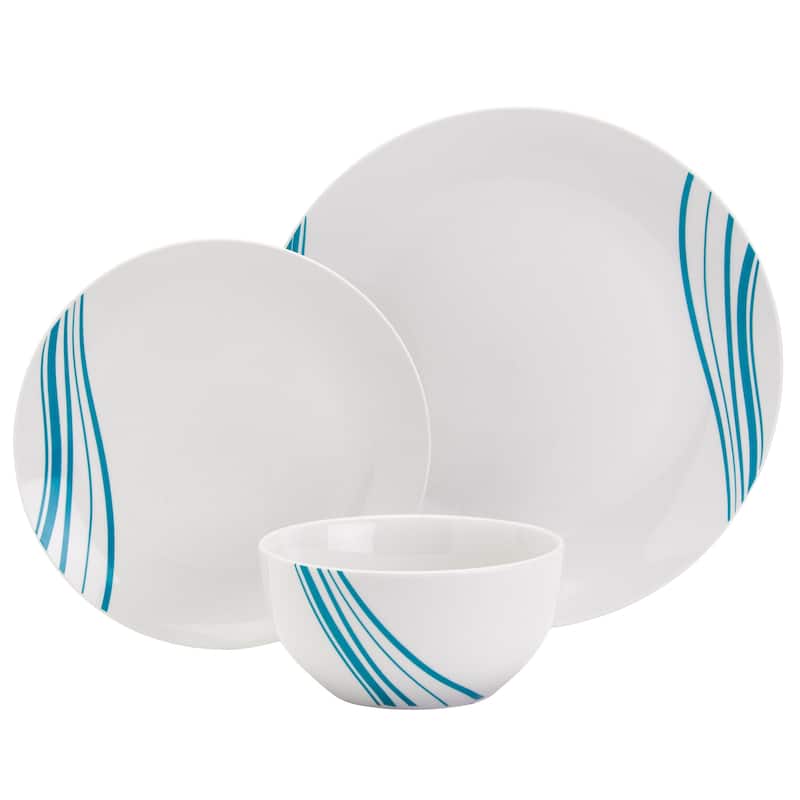 Tabletops Gallery Marina 12 Piece Porcelain Dinnerware Set in White with Aqua Stripes- Service for 4