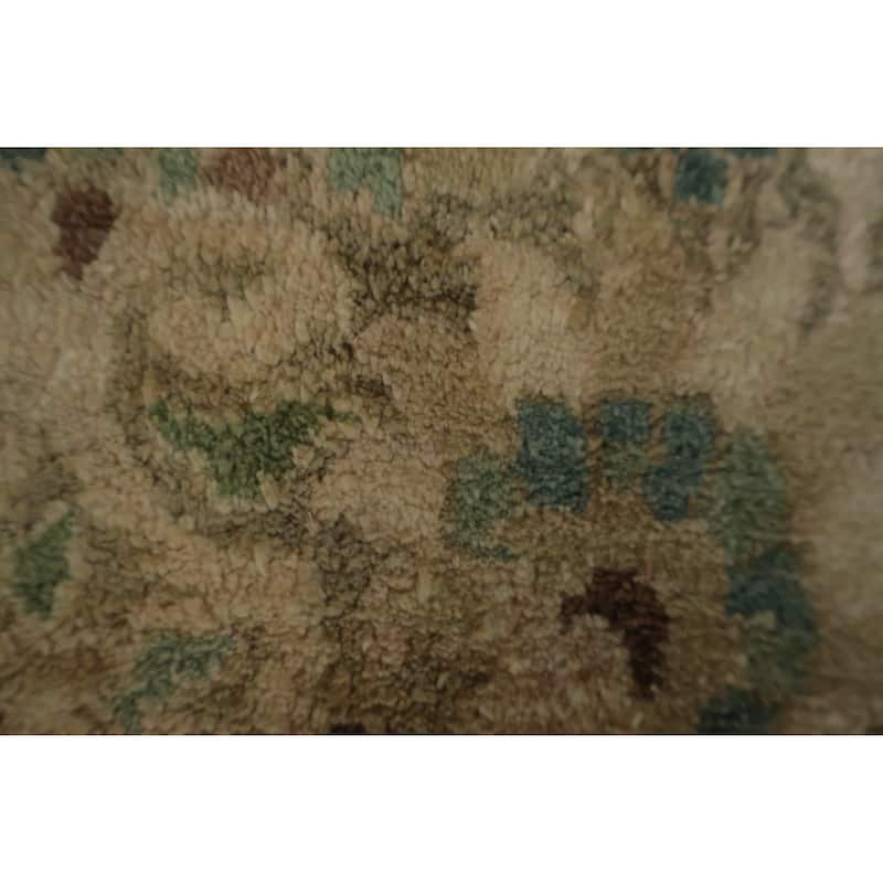 Hand Knotted Oriental Silk Carpet Traditional Floral Beige & Ivories Kashmir Area Rug - 7' 4'' X 6' 11''