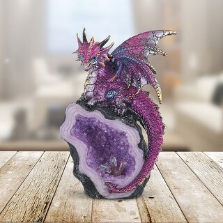 5.5" Purple Dragon Guarding Faux Crystal Cave – Fantasy Figurine Room Decor