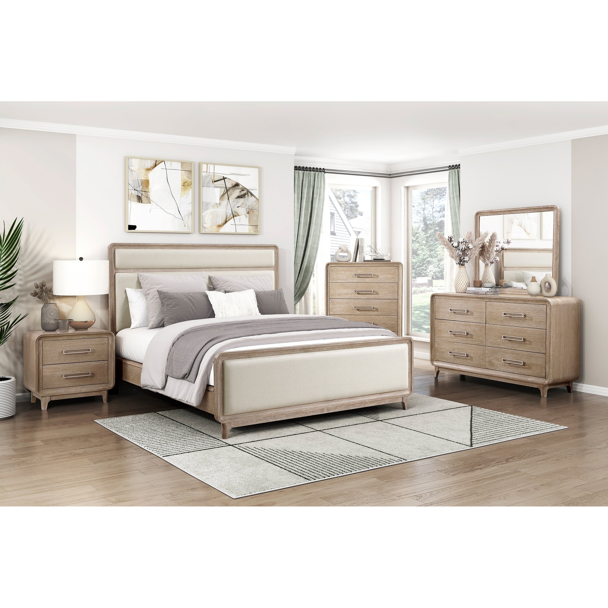 5pc Bedroom Set Natural Finish Upholstered Bed Nightstand Dresser Mirror Chest