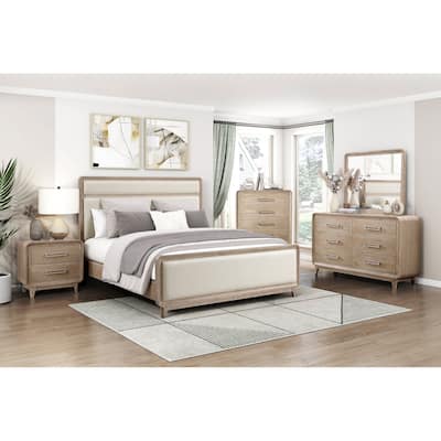 6pc Bedroom Set Natural Finish Upholstered Bed Nightstands Dresser Mirror Chest