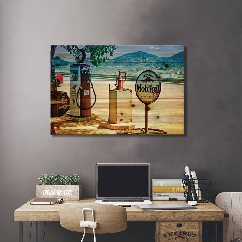 View From A Gas Station Along U.S. Route 66 Print On Wood by Philippe Hugonnard - Multi-Color