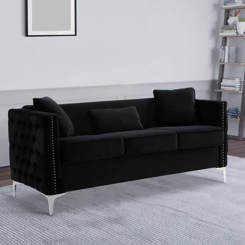 Joel 73 Inch Modern Sofa with 3 Pillows, Tufted Black Velvet, Silver Legs