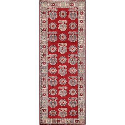 Red Geometric Kazak Oriental Runner Rug Handmade Wool Carpet - 2'8" x 9'4"