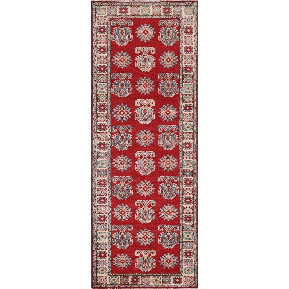 Red Geometric Kazak Oriental Runner Rug Handmade Wool Carpet - 2'8" x 9'4"