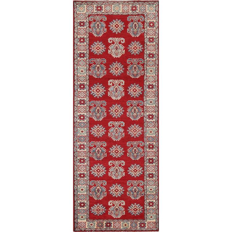 Red Geometric Kazak Oriental Runner Rug Handmade Wool Carpet - 2'8" x 9'4"