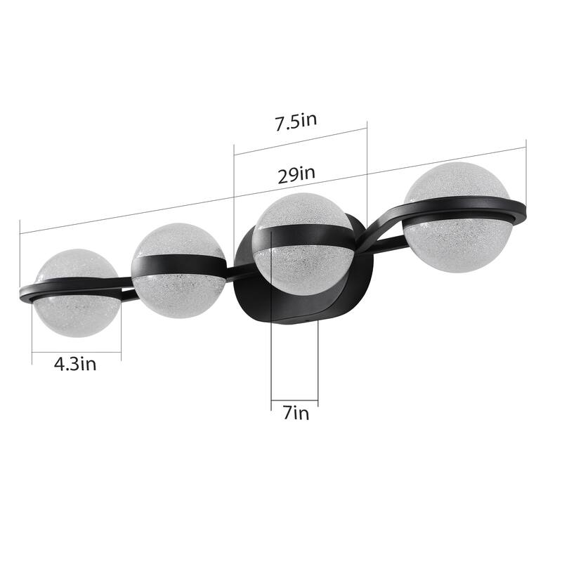 30" Black Minimalist LED Bathroom Vanity Light with Crystal Sand Acrylic Shades