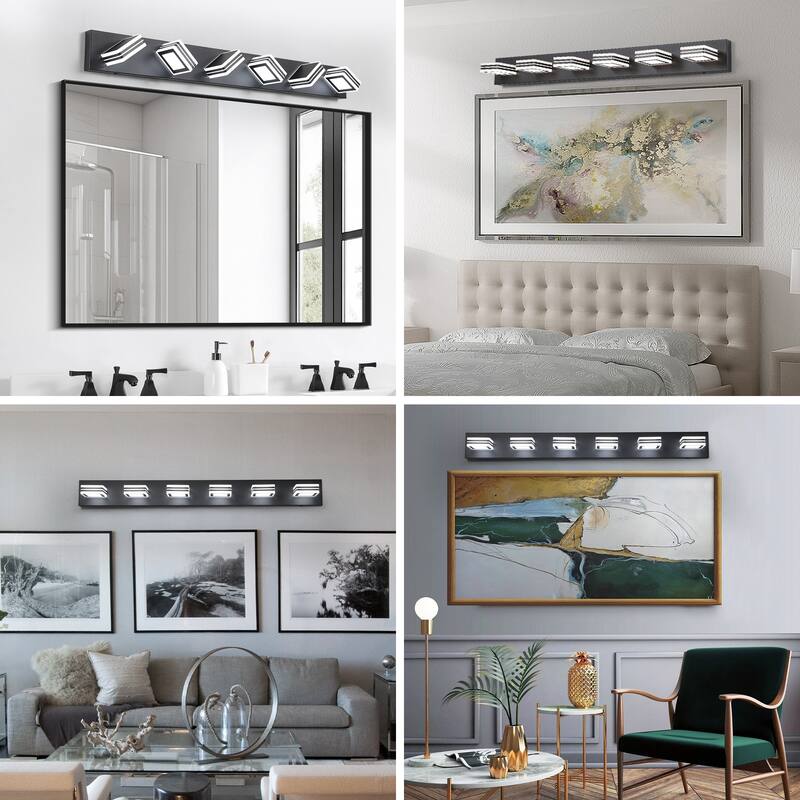 39" Modern 6-Light LED Vanity Light, Square Acrylic Lampshades Wall Mount Fixture for Bathroom, Mirror Lighting