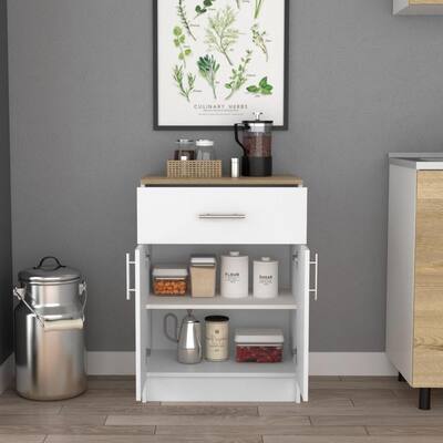 Pantry Organizer Cabinet 33" H, One Drawer, Two Interior Shelves, Two Doors, Sideboard White/Light Oak