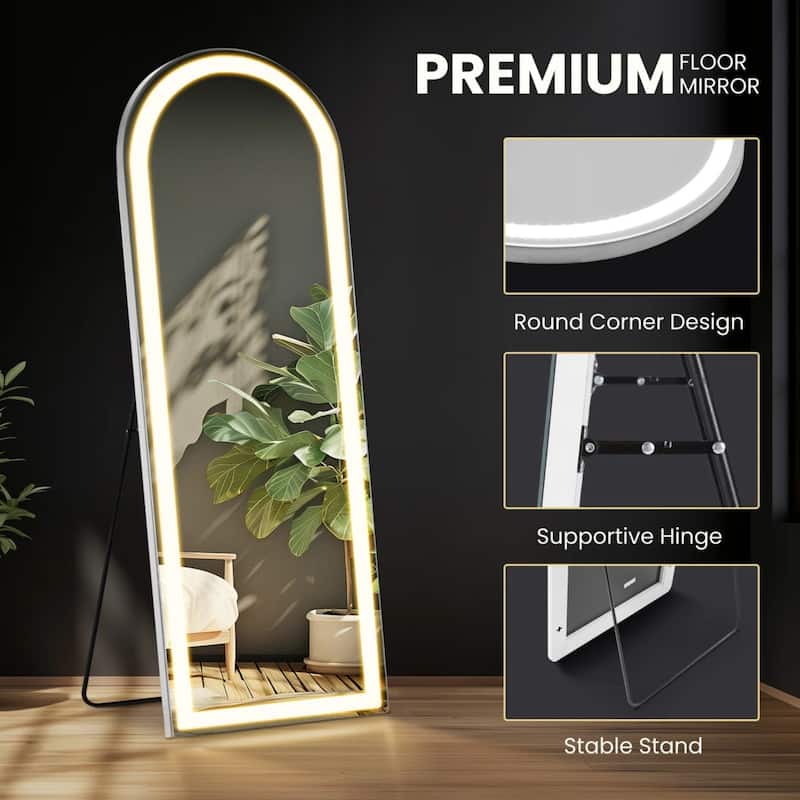Arched Full Length Mirror with LED Lights, 26"x71" Lighted Floor Mirror with Dimming & 3 Color Lighting, Stand