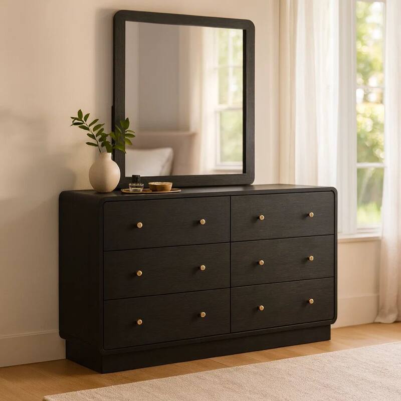 Cavy Wide Dresser with Matching Mirror, 6 Drawers, Black Wood, Gold