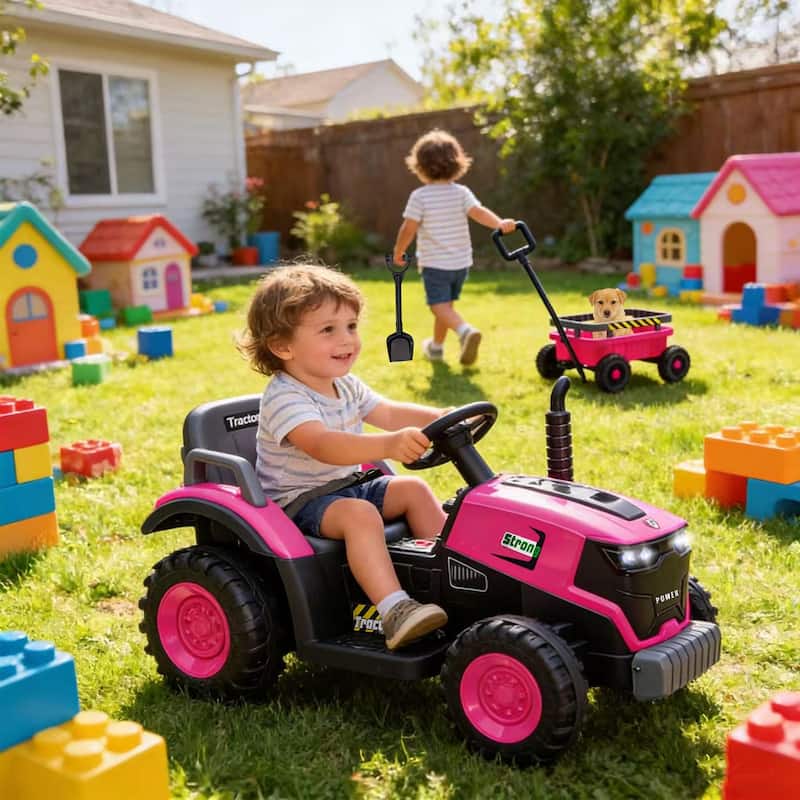 Magenta Kids Ride On Tractor with Trailer, Remote Control Electric Tractor Ride on Car with Bluetooth Music