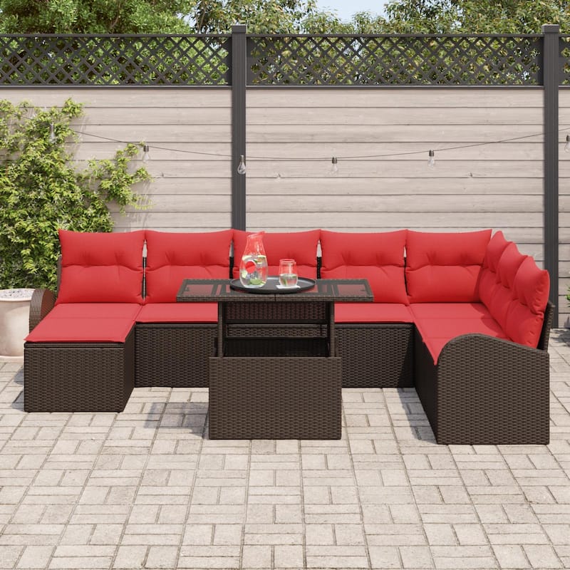 vidaXL 9 Garden Sofa Set with Cushions Black/Brown/Grey Poly Rattan - 113.8 x 70.5 x 27.2