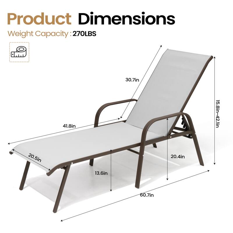Outdoor Patio Adjustable Back Chaise Lounges Chairs with Arms(Set of 2 )