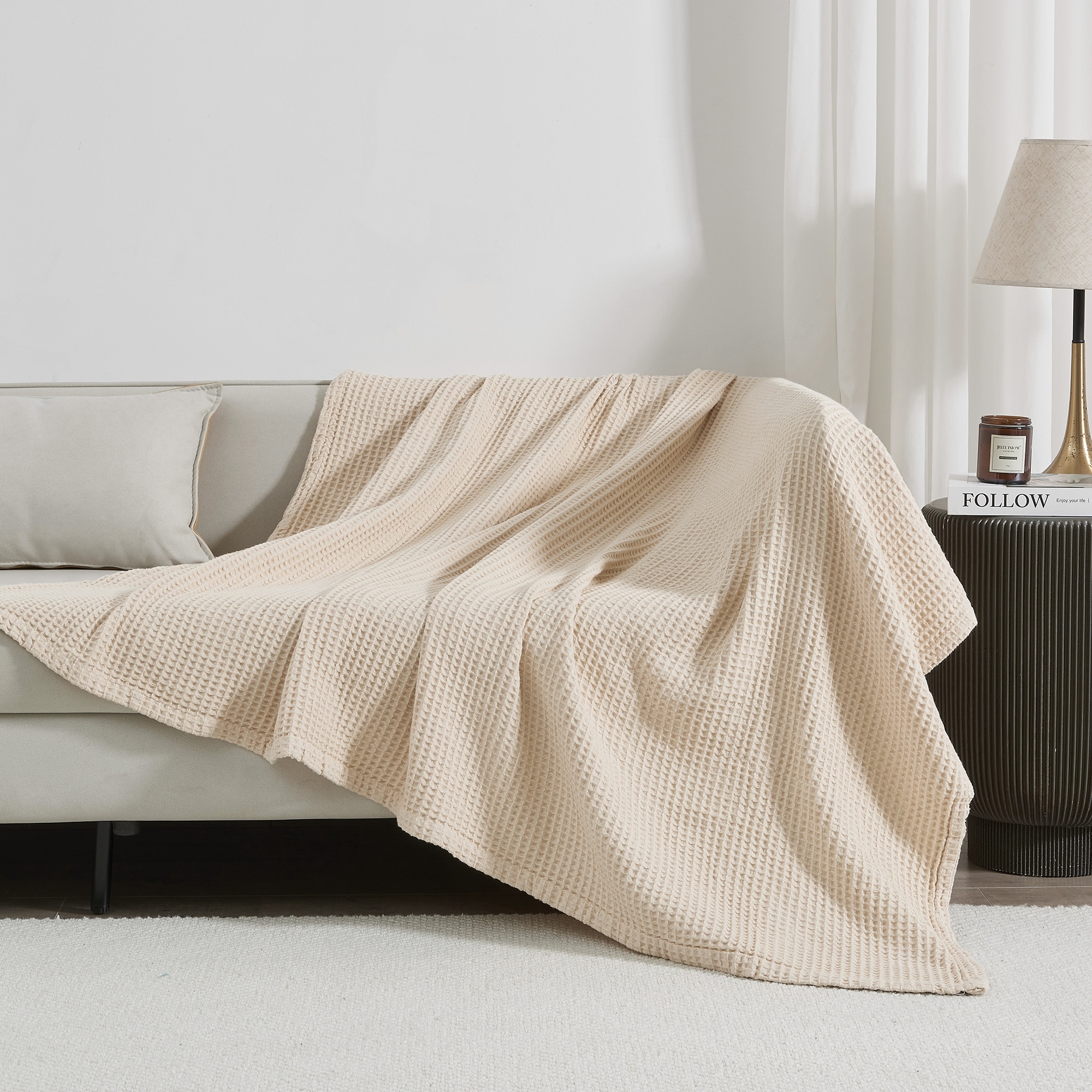 Linery Co. 100 Cotton All Season Lightweight Waffle Weave Knit Throw Blanket Full Queen Blush Pink