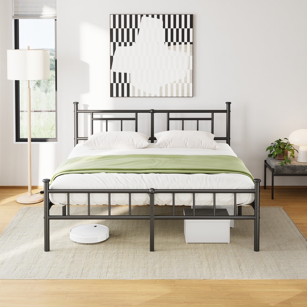 Classic Metal Platform Base with Headboard and Footboard, Round Corner Legs Mattress Slide Stopper