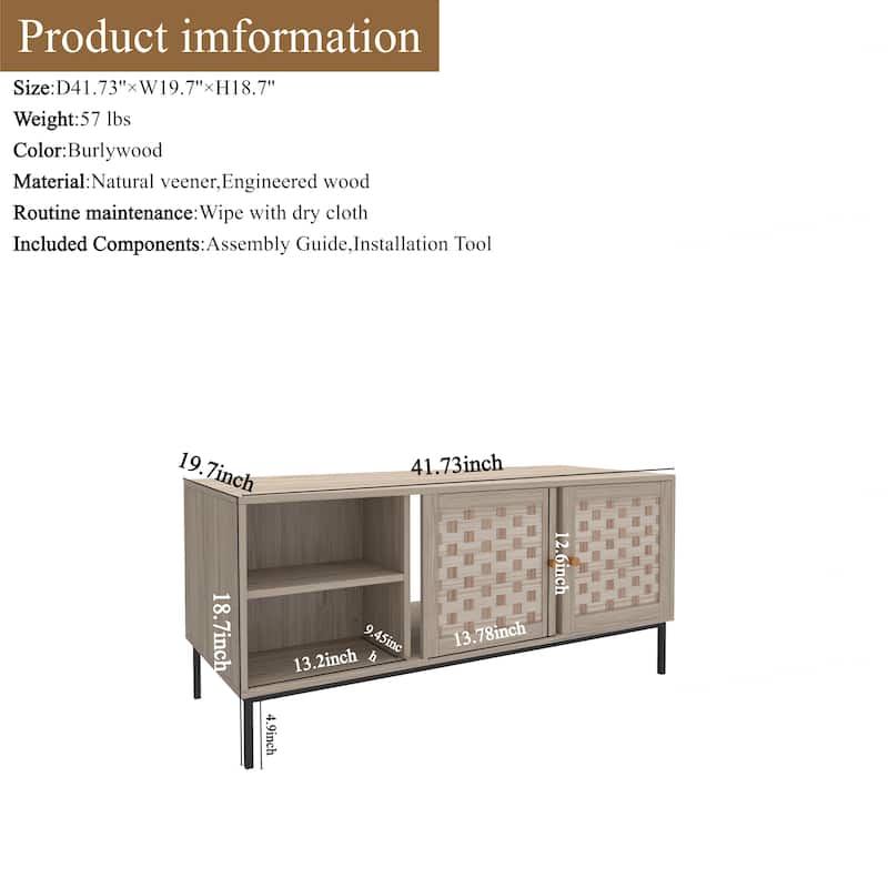 Bohemian-Style Coffee Table with Woven Design, Featuring 4 Sliding Doors and Storage Cabinets, for Living Room