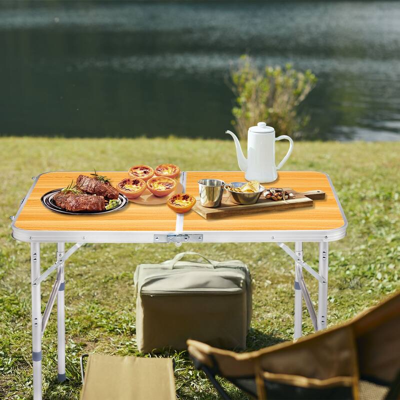 Portable Folding Table with Aluminum Frame and Wood Grain Top