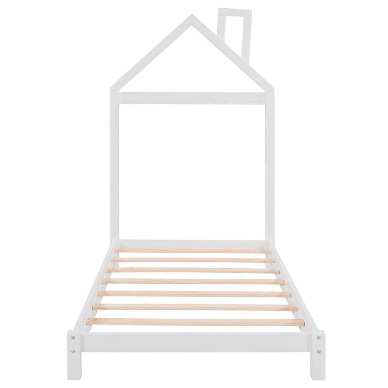 Twin Size Wood Platform Bed with House-shaped Headboard for Kids