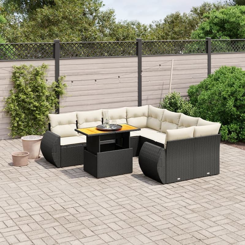 vidaXL Patio Sofa Set with Cushions Table and Lounge Sofas 9 Piece Poly Rattan - 21.7 x 39.4 x 28.7 - Black
