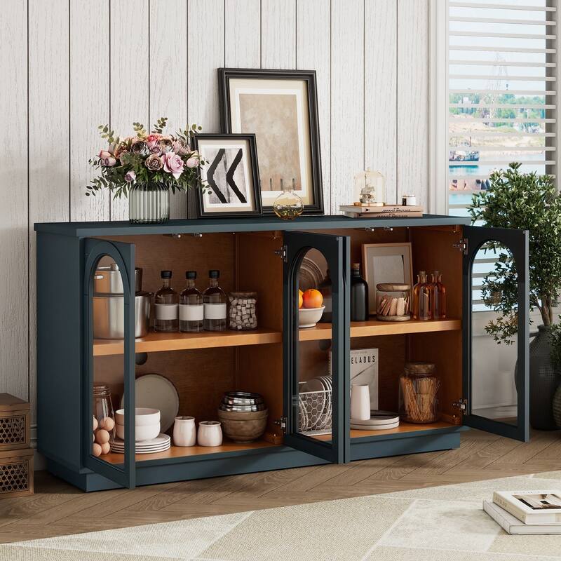 4-Door Large Storage Buffet Cabinet with Glass Doors, Arched Cabinet with Adjustable Shelves for Kitchen, Dining Room