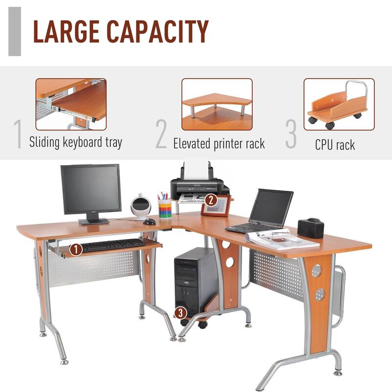 HOMCOM L-Shaped Corner Computer Office Desk Workstation with Elevated Shelf, Rolling Keyboard Tray, & Convenient CPU Stand