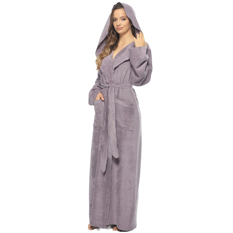 Women's Angel Stlyle Robe Ankle Long Hooded Turkish Cotton Bathrobe - X-Large - Purple