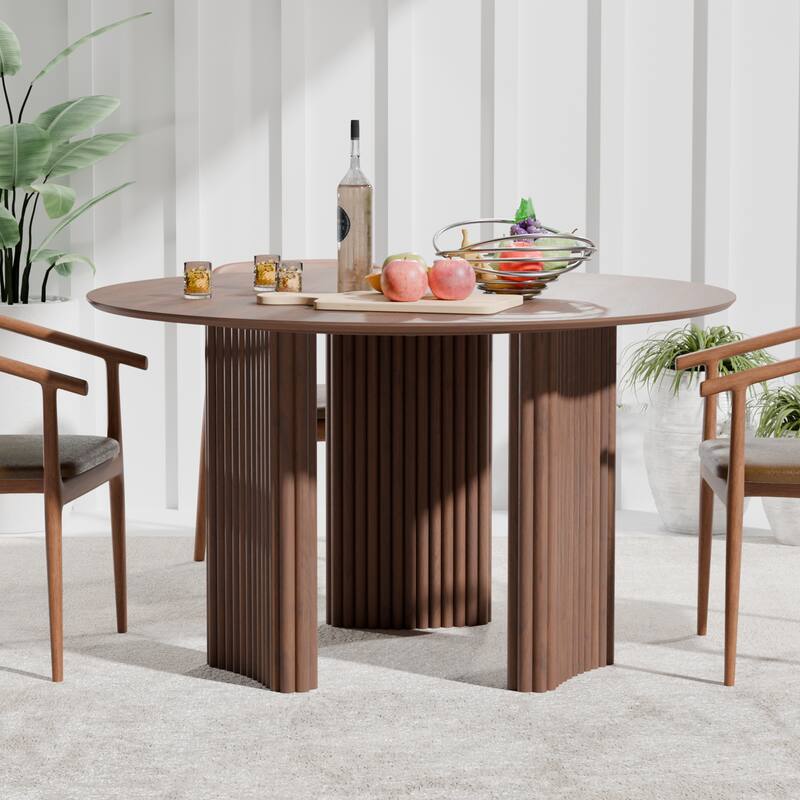 Dovelina 46" Modern Round Dining Table with Artistic Fluted Base & Safe Rounded Edges for Family - Walnut