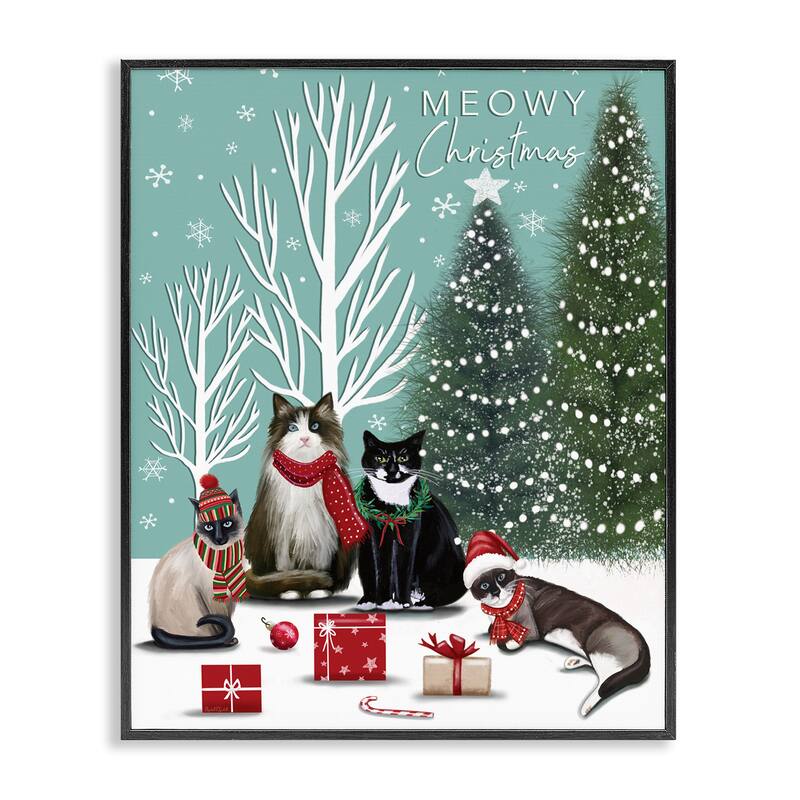 Stupell Festive Winter Cats Scene Framed Giclee Art Design By Elizabeth Tyndall - 16 x 20 - Black