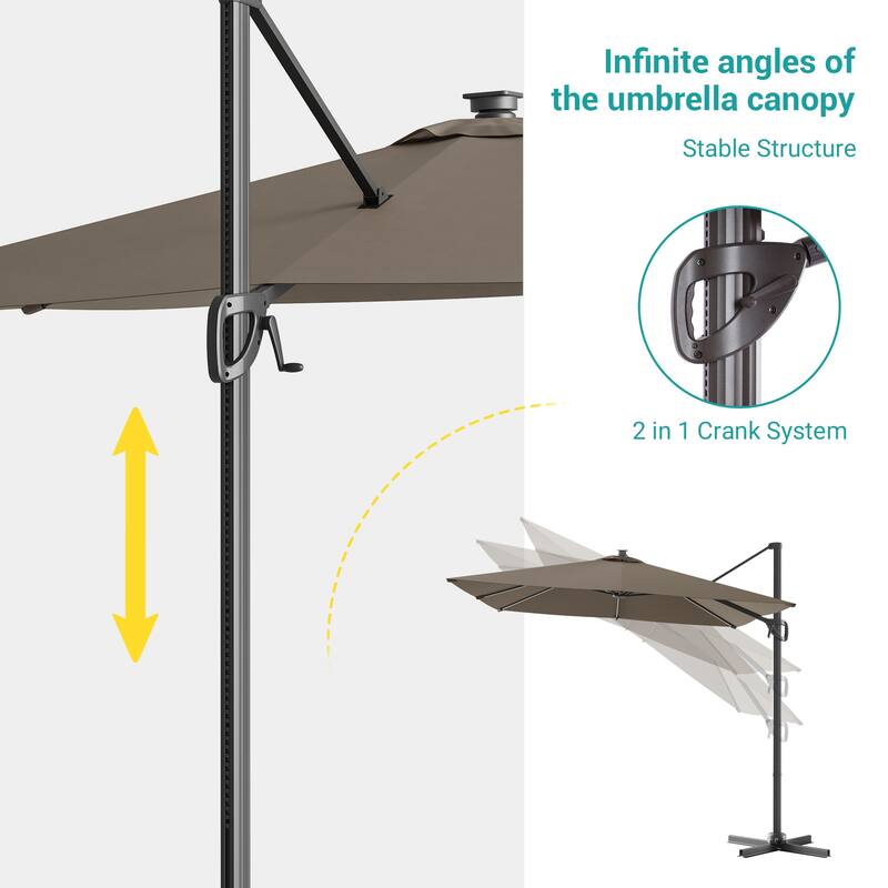 BONOSUKI Solar-powered 10x8ft Cantilever Patio Umbrella, Ultimate Outdoor Comfort with 360° Rotation and Canopy Angle Adjustment