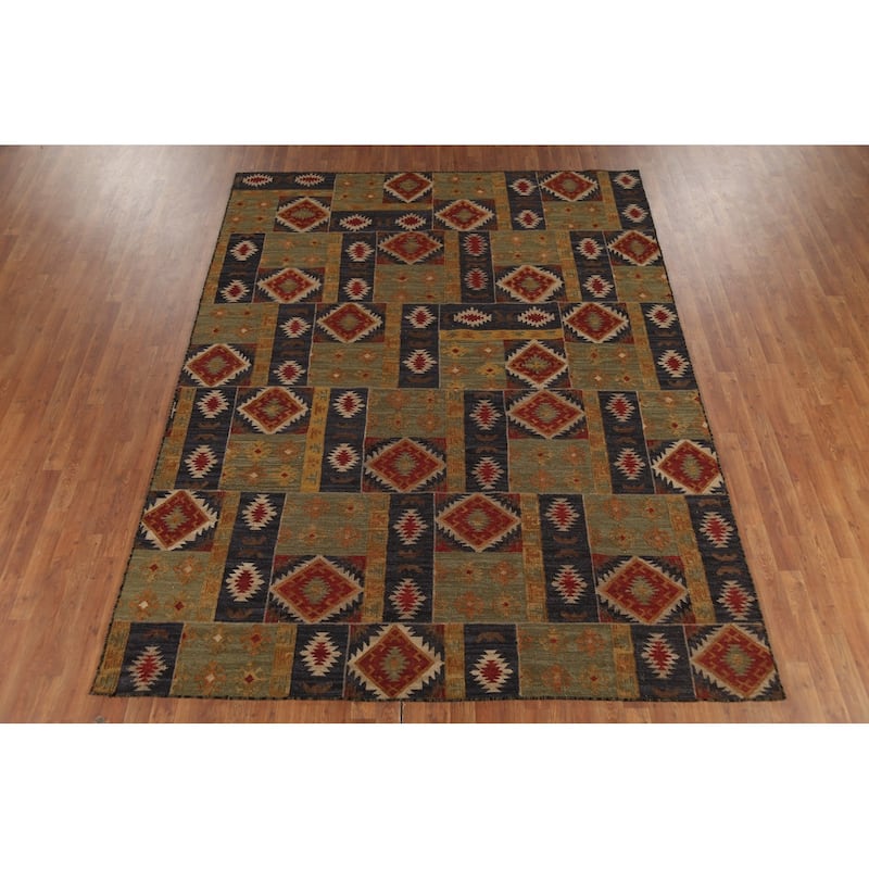 All-Over Geometric Kilim Indian Area Rug Hand-Woven Wool Carpet - 7'8"x 9'10"