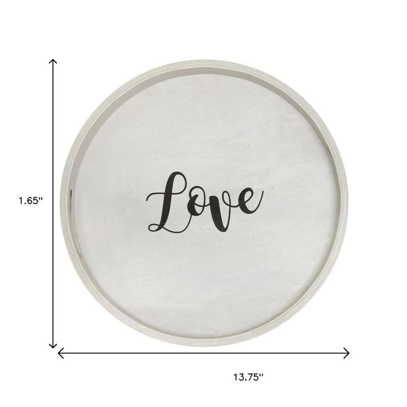 HomeRoots 14" Gray And Black Love Round Serving Tray With Handles - 13.75 in. x 1.65 in. x 13.75 in.