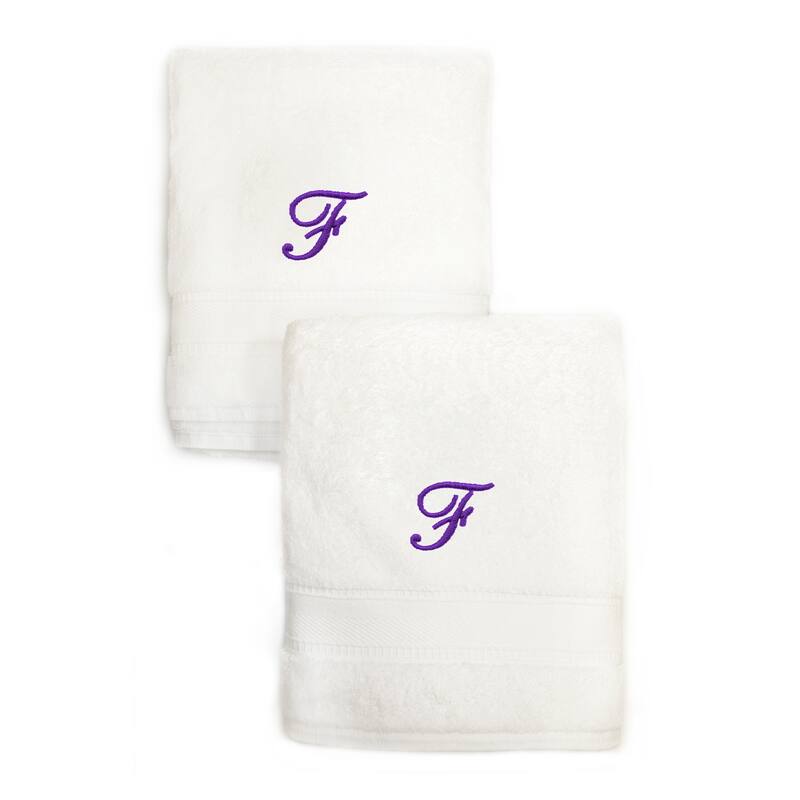 Sweet Kids 2-piece White Turkish Cotton Hand Towels Personalized with Lavender Purple Monogrammed Initial - White - F
