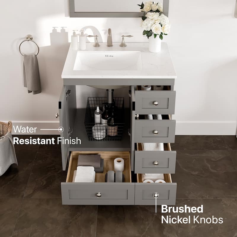 Eviva Acclaim 28"W x 22"D Gray Bathroom Vanity with White Carrara Quartz Vanity Top and Rectangular Undermount Sink - 28''